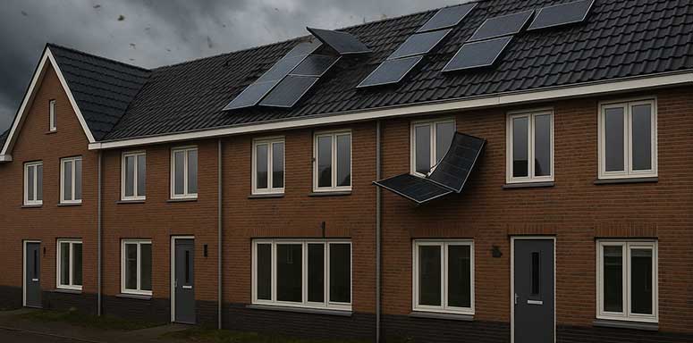 Zonnepanelen die waaien van het dak van een woning.