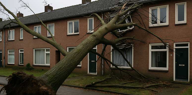 Omgevallen boom tegen een rijtjeshuis.